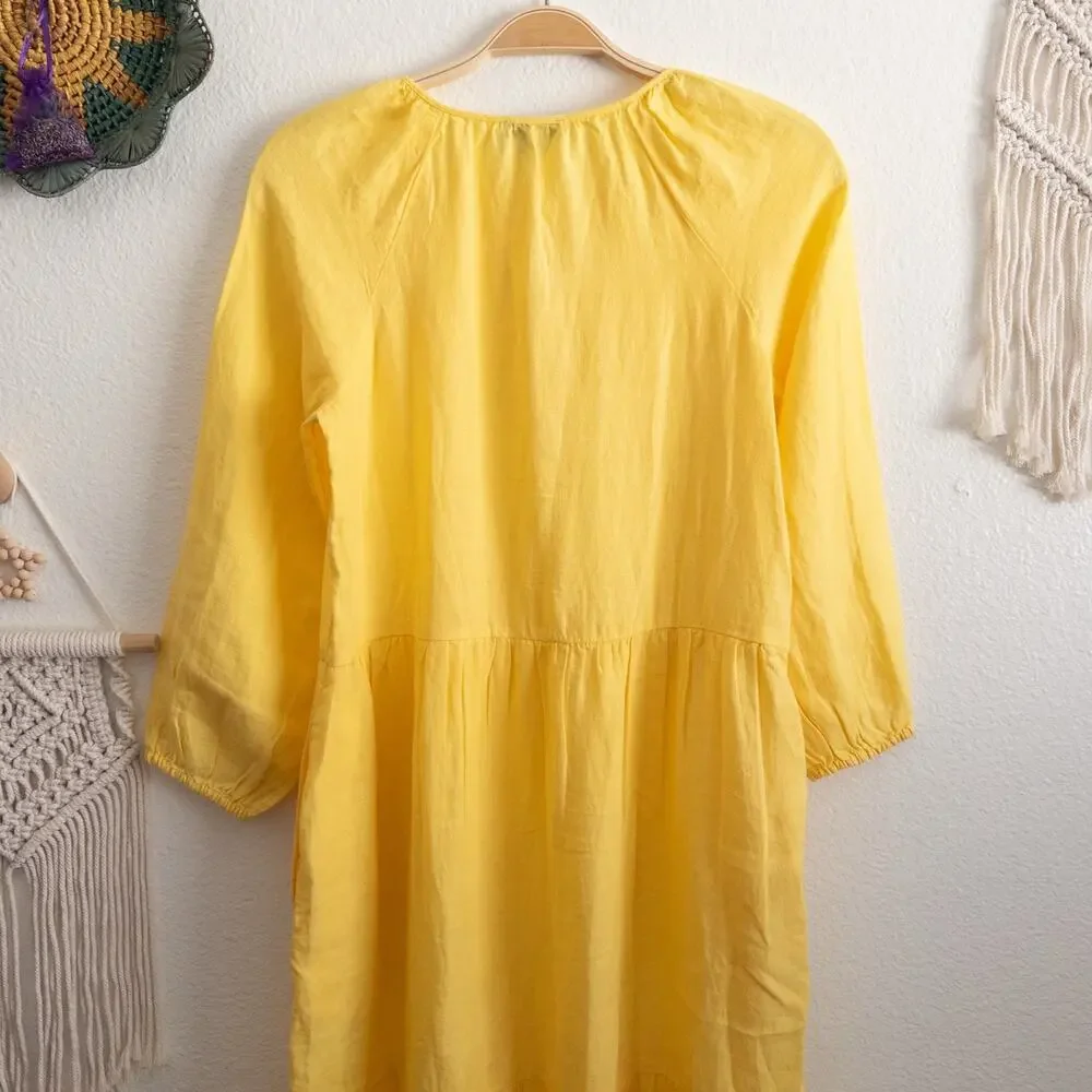 J. Crew Sunny Yellow Linen Tiered Ruffle Trim Midi Dress Size XS/S